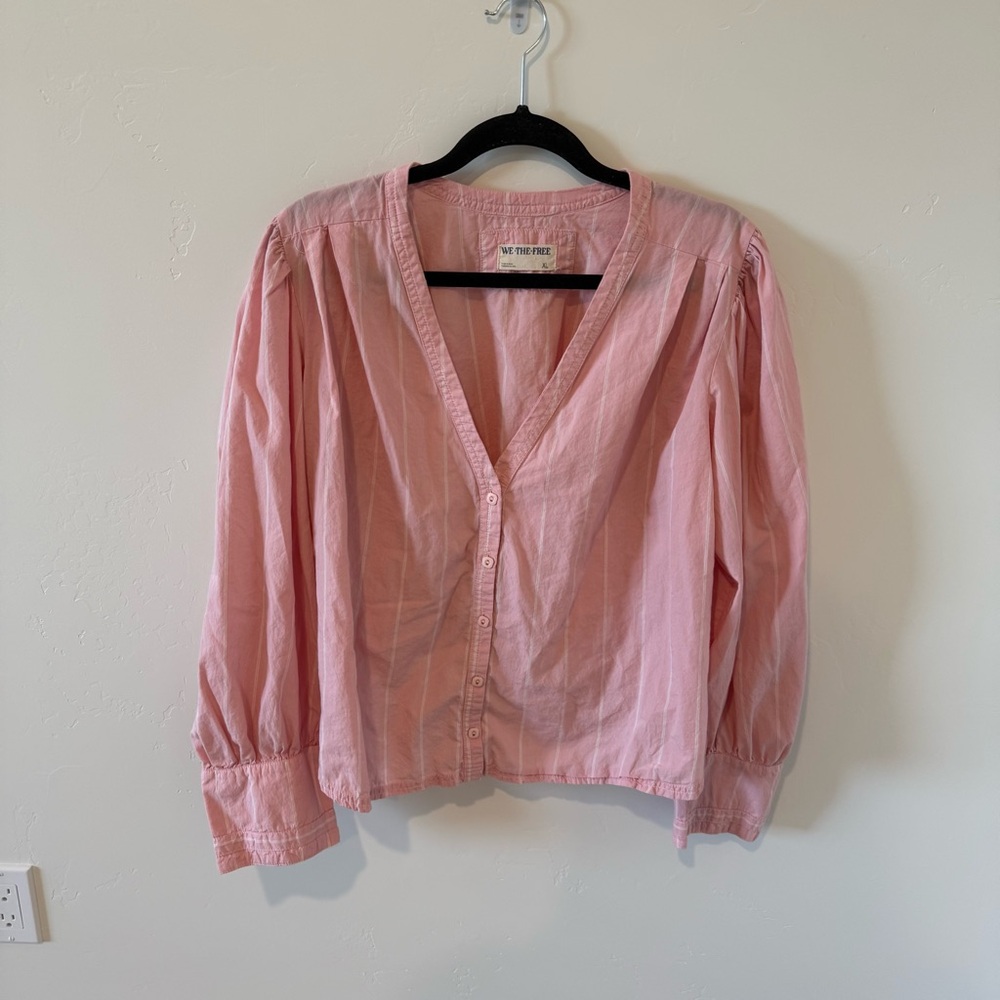 We The Free Dusty Pink Button-Front V-Neck Farmhouse Fresh Blouse Womens XL